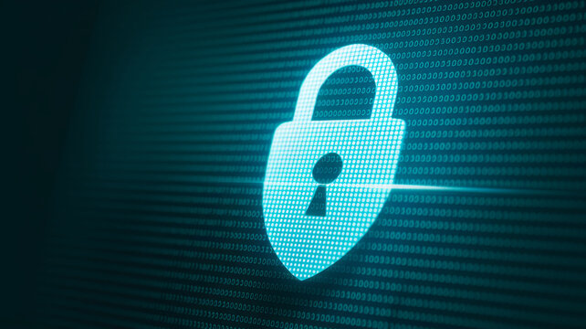 Digital padlock icon displayed on a teal binary code background, symbolizing online security and data protection - Powered by Adobe