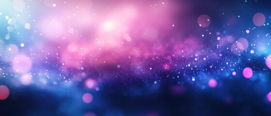 Abstract blurred bokeh background with pink and blue gradient, creating a dreamy and magical atmosphere with sparkling glitter and glowing light effects