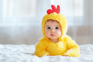 Adorable baby in a fluffy yellow chicken costume lying on a bed. Big eyes and a cute expression make this perfect for Easter, baby themes, and children's content
