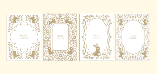 Beautiful floral flower bunny and eggs Easter card set in vintage victorian classic elegant art nouveau design style for poster print cards greeting background frame template book pages cover