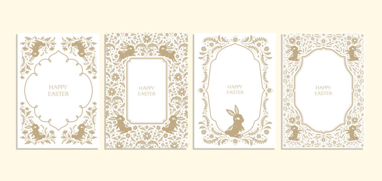 Naklejki Beautiful floral flower bunny and eggs Easter card set in vintage victorian classic elegant art nouveau design style for poster print cards greeting background frame template book pages cover