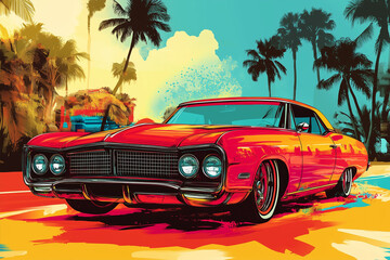 A dynamic retro car illustration in a vivid pop-art style. The bold color splashes, tropical palm trees, and energetic composition create an exciting summer adventure vibe.  