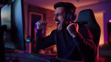 Young professional poker player celebrates a big win in an energizing gaming environment with colorful lights and intense focus during a late-night session