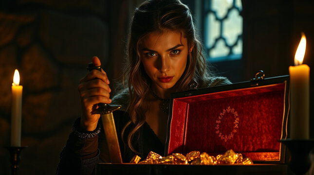 Kriemhild in a Gloomy Castle Chamber, Her Face Lit by Flickering Candlelight, a Golden Chest of Siegfried&rsquo;s Treasures Open Before Her, Clutching a Dagger