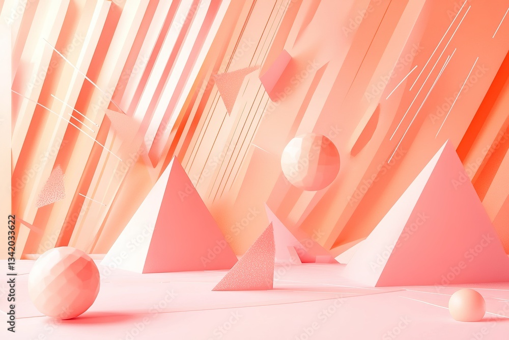Poster peach geometric abstract: spheres triangles and lines in a 3d rendered composition