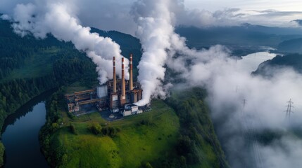 Fototapeta premium A bird's-eye view of a large coal-fired power plant, with towering cooling towers emitting thick white steam and CO2.