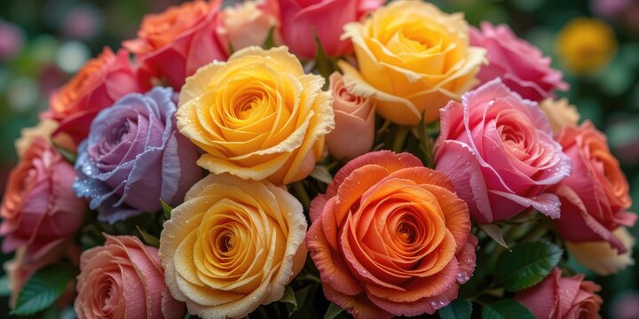 Colorful Rose Bouquet Close-up with Water Droplets for Wedding and Celebration