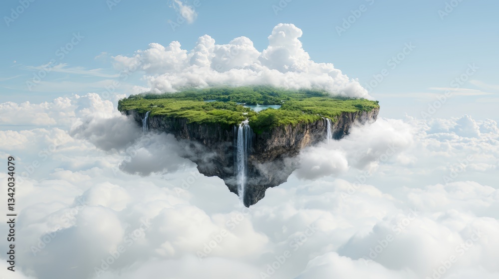 Poster beautiful island with a waterfall in the middle of the sky. the clouds are white and fluffy, giving 