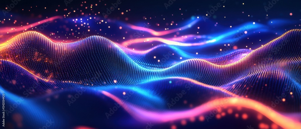 Poster abstract glowing neon waves background with digital landscape and sparkling particles concept of tec