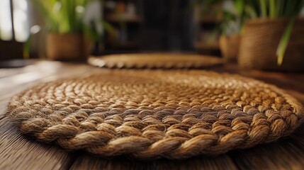 Obraz premium Woven placemats on rustic wooden table in home