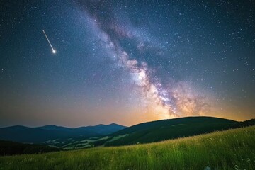 Fototapeta premium Majestic Milky Way arching over a tranquil mountain meadow at night, with a shooting star streaking across the sky