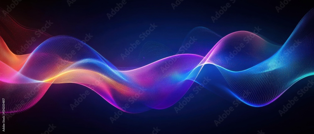 Poster abstract flowing wave of colorful light particles on dark blue background concept of digital technol