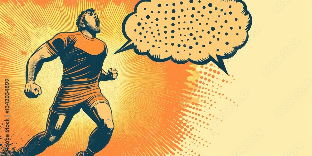 Poster dynamic cartoonish character in exciting comic style with bold expression and blank speech bubble re