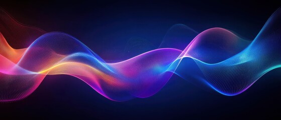 Obraz premium Abstract flowing wave of colorful light particles on dark blue background Concept of digital technology, data visualization, and modern design