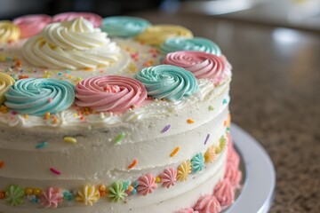A close-up of a homemade cake with frosting decorations.