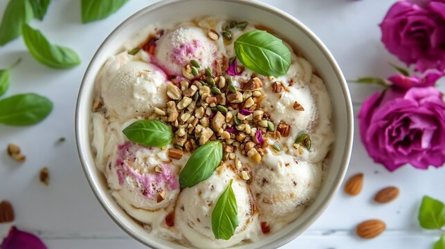 Top view of kulfi falooda Indian Ice Cream Vermicelli served in a chilled bowl garnished with rose syrup chopped nuts and basil seeds