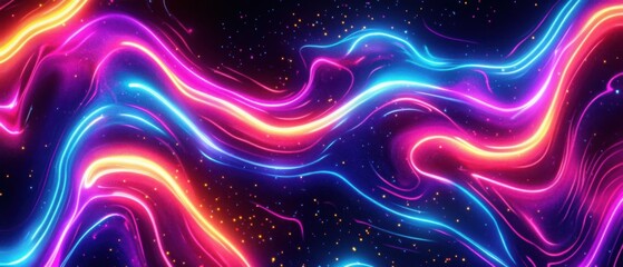 Abstract Neon Glowing Lines with Sparkles on Dark Background Concept of Futuristic Technology, Energy, and Digital Art