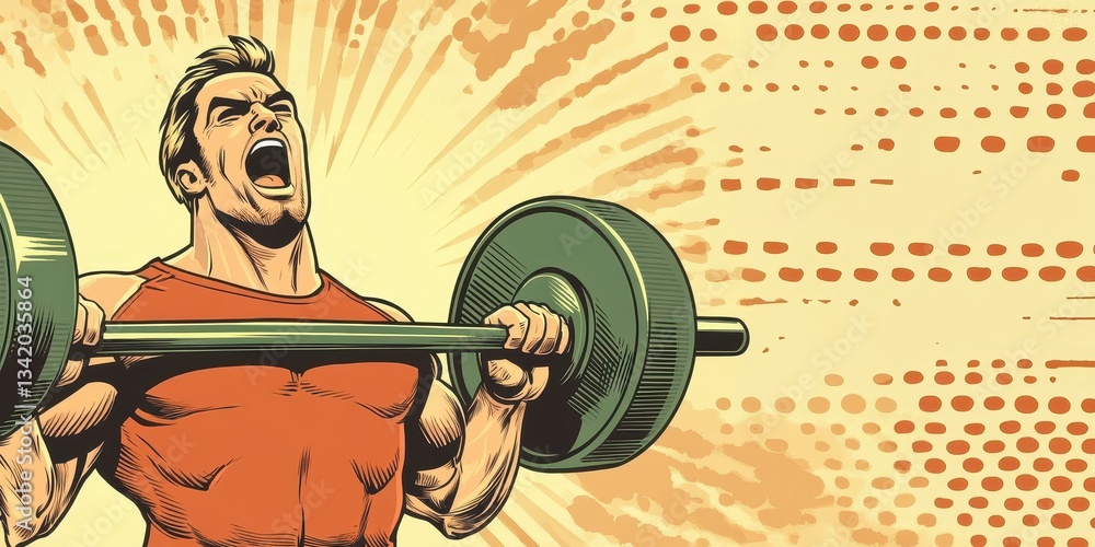 Poster dynamic cartoonish illustration of a muscular man lifting weights in a vibrant pop art style for com