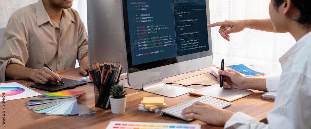 Aufkleber Software development programming on computer screen for brisk application and program coding