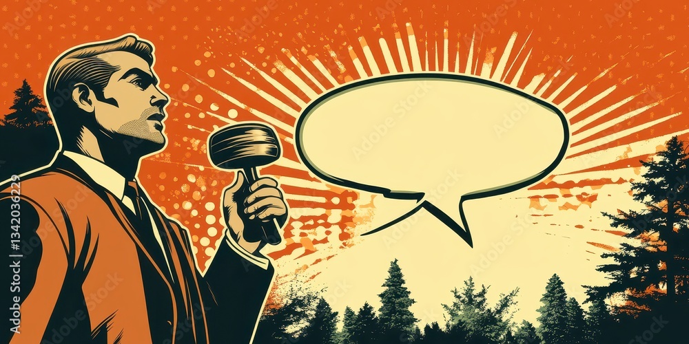 Poster dynamic cartoonish scene depicting a speaker with a microphone against an orange background with a s