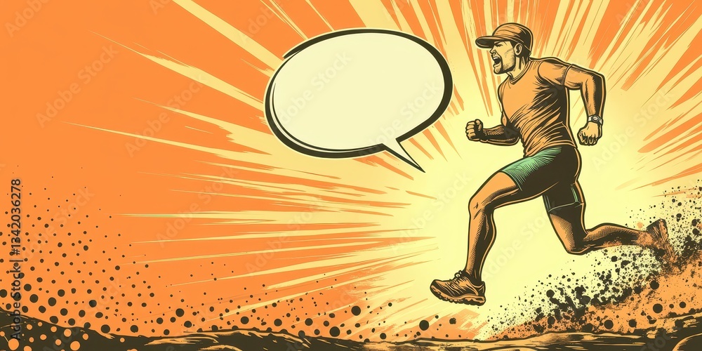 Poster dynamic cartoonish scene of a jogger in action with a blank speech bubble on a vibrant background fo