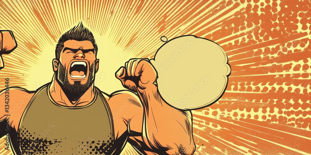 Poster dynamic cartoonish character yelling in a vibrant pop art style with bold comic elements and a blank