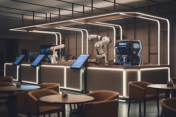 A modern cafe interior featuring two robotic arms preparing coffee at an illuminated bar. Sleek design, dark tones, and comfortable seating create a sophisticated ambiance.