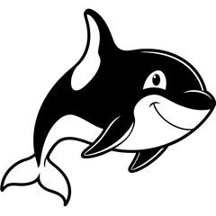 Fototapeta premium Black and White Cartoon Orca Killer Whale Swimming Smiling Illustration, Kids Friendly Marine Animal Design