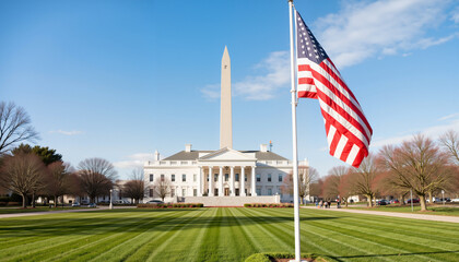 Fototapeta premium American flag waving at historic landmark, honoring national legacy