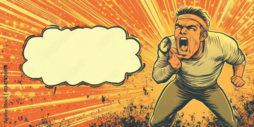 Poster dynamic pop art scene of an energetic character shouting in a comic style with vibrant background an