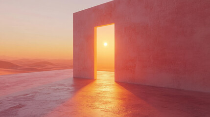 A desert with no horizon, floating door leading to a tropical paradise, warm minimal glow