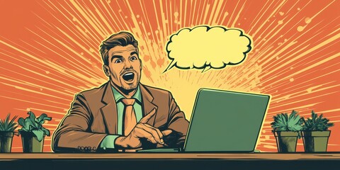 Dynamic Cartoonish Scene Featuring Excited Man in Business Attire Engaging with Laptop and Colorful Background