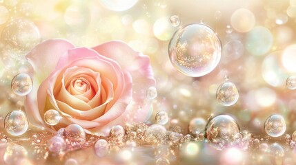 Fototapeta premium Delicate rose, bubbles, soft golden background
