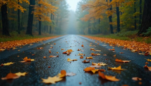 Wet asphalt road with fallen orange leaves during rain in autumn forest. Rainy weather, vibrant seasonal foliage. Scenic drive, wanderlust adventure. Calm serene rural roadside path, journey through