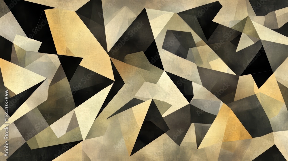 Poster black and gold abstract painting with triangles and squares. the painting is a mix of different shap