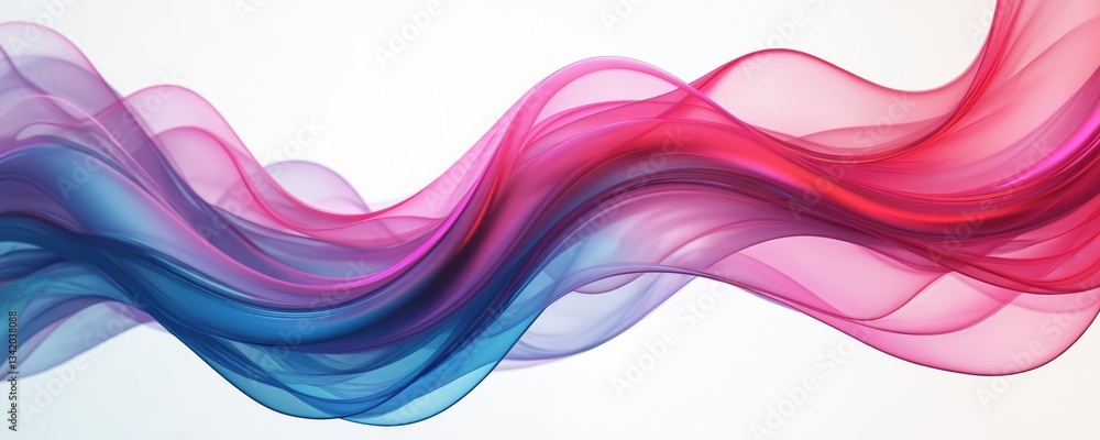 Poster 3d render features futuristic flowing shape. Iridescent swirl in shades of blue, pink, purple. Generative AI art with transparent colourful curve on white background. Dynamic wave motion with