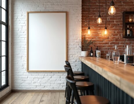 Modern loft bar interior. Empty white vertical poster on brick wall near window. Bar counter, chairs, bulb lamps. Copy space for banner, art, design. Real estate concept for eatery, cafe.