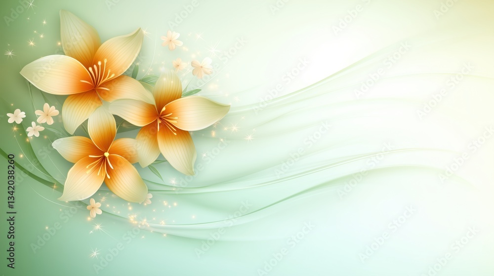 Poster beautiful orange flowers on a soft green background with gentle curves and sparkles creating a seren