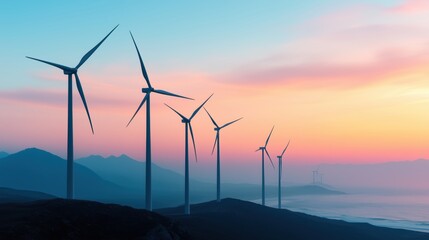 Fototapeta premium Wind turbines generate renewable energy at sunset on a coastal landscape with mountains in the background and colorful skies