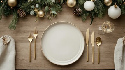 Christmas table setting with an empty plate, gold cutlery, and festive decorations, perfect for holiday dinners, festive gatherings, or showcasing seasonal recipes.