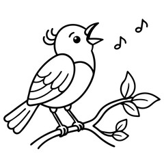 Cartoon Singing Bird on Branch, Black and White Outline Drawing, Cute Animal for Children Coloring Book, Music Notes