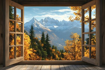 A Mountain View Through Rustic Windows
