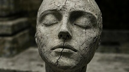 Stone sculpture of a serene face with cracks and texture captured in monochrome