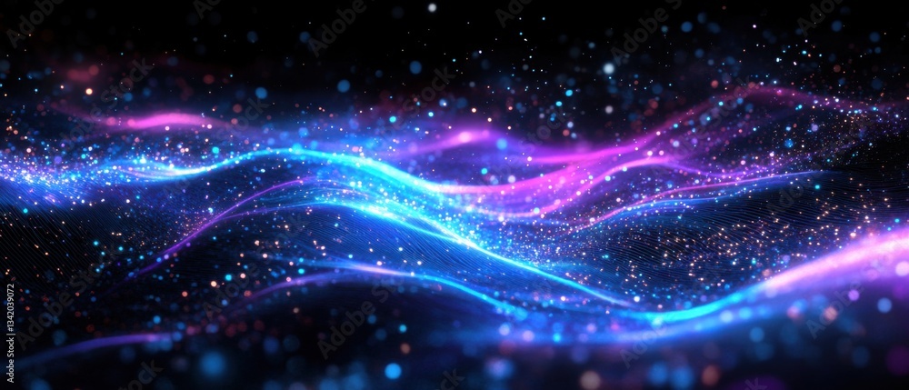 Poster abstract glowing neon waves with particles on dark background concept of futuristic technology, data