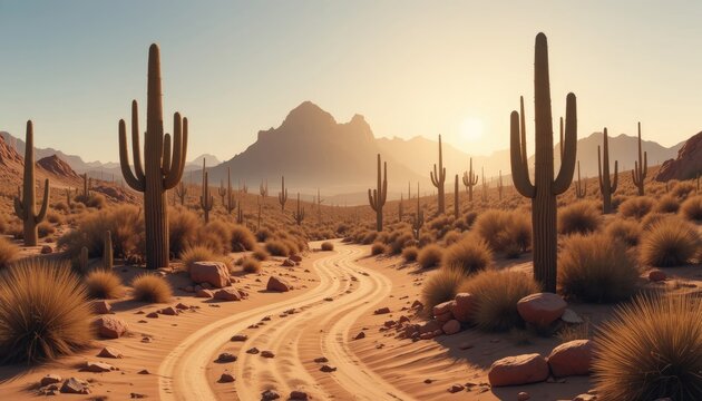 Desert Road with Cacti and Mountain View at Sunrise or Sunset