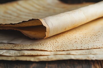 A stack of aged parchment paper with a rolled edge