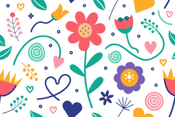Cheerful Floral Pattern with Hearts and Whimsical Shapes on White Background for Textile Design and Wallpaper