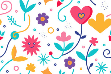 Cheerful Floral Pattern with Playful Elements, Featuring Colorful Flowers, Leaves, Spirals, Hearts, and Friendly Faces, Perfect for Backgrounds