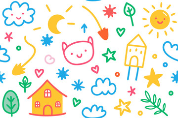 Childlike Doodle Pattern with Houses, Clouds, Sun, Star, Heart, Plants and Animal Faces on White Background