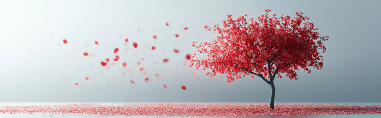 Cherry blossom tree in an endless white space, single floating petal, delicate minimal style 